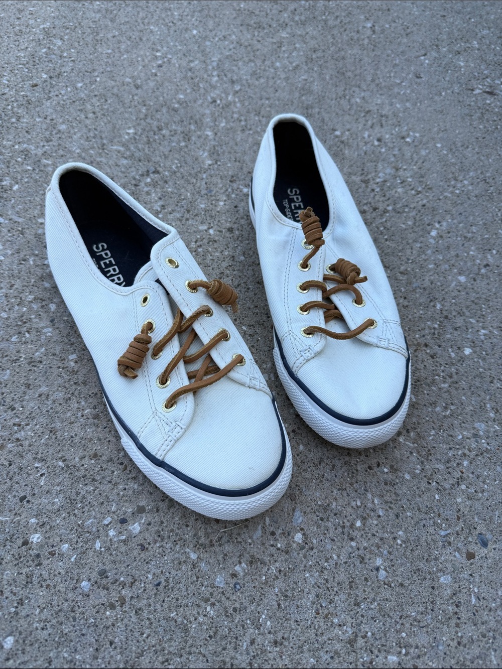 Sperry White Canvas Sneakers with Tan Laces and Navy Trim